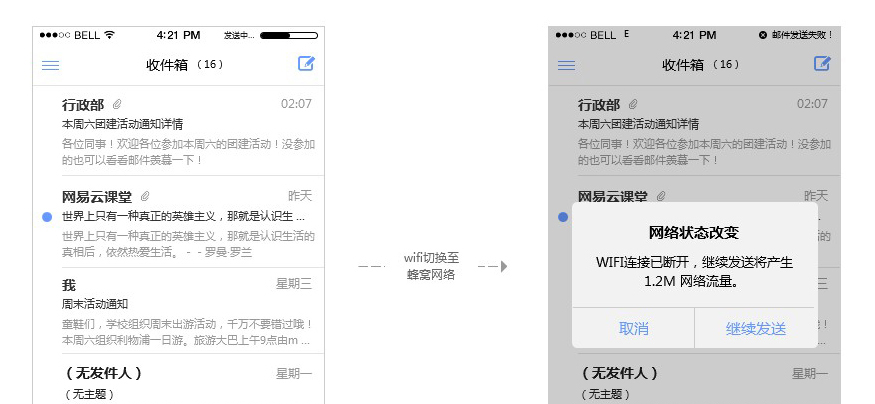 邮箱大师在用户发送邮件的过程中，若网络环境从wifi切换至蜂窝网络，会询问用户是否继续发送